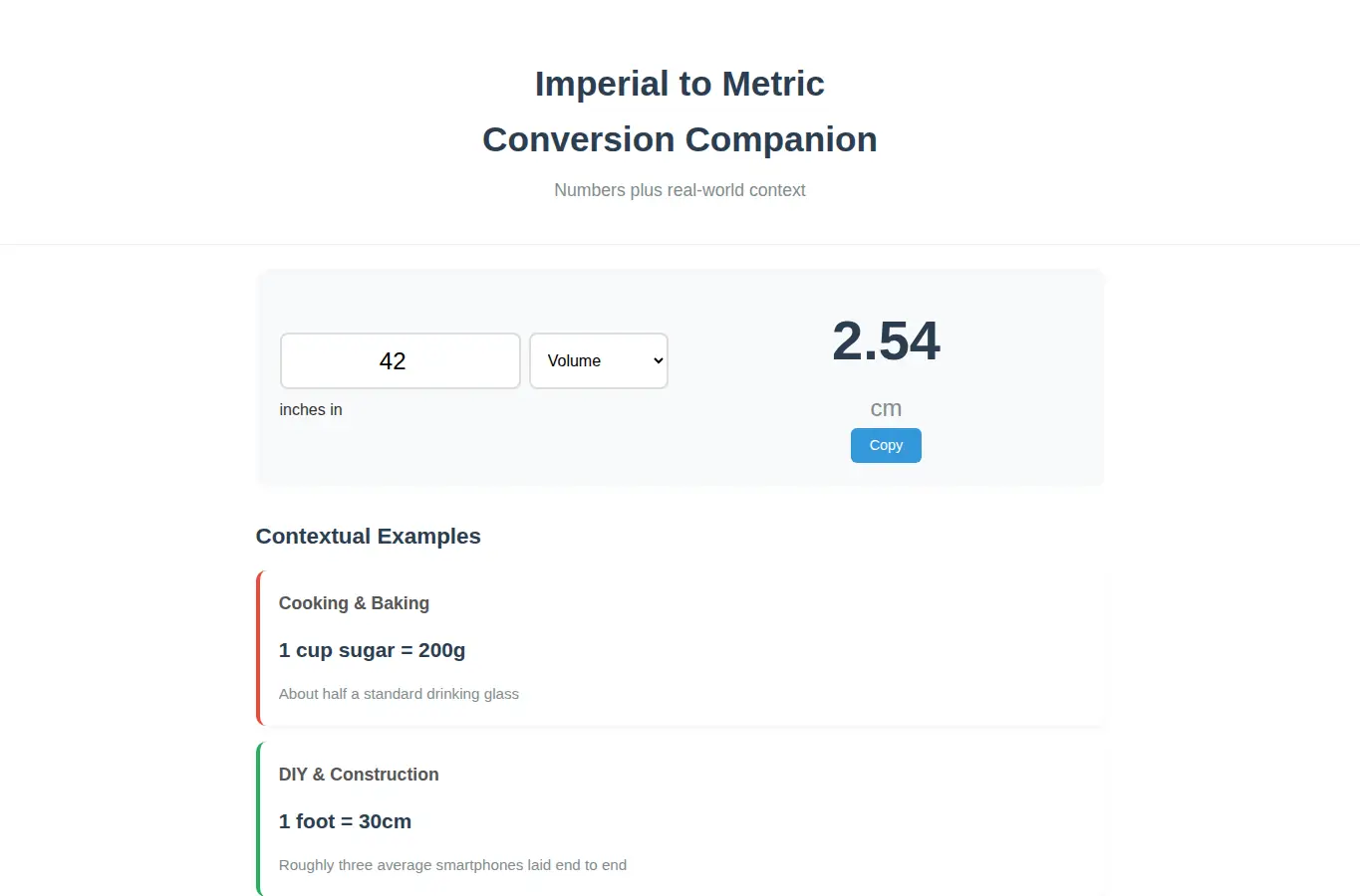 Screenshot of Imperial to Metric Conversion Companion interface showing the project page in use